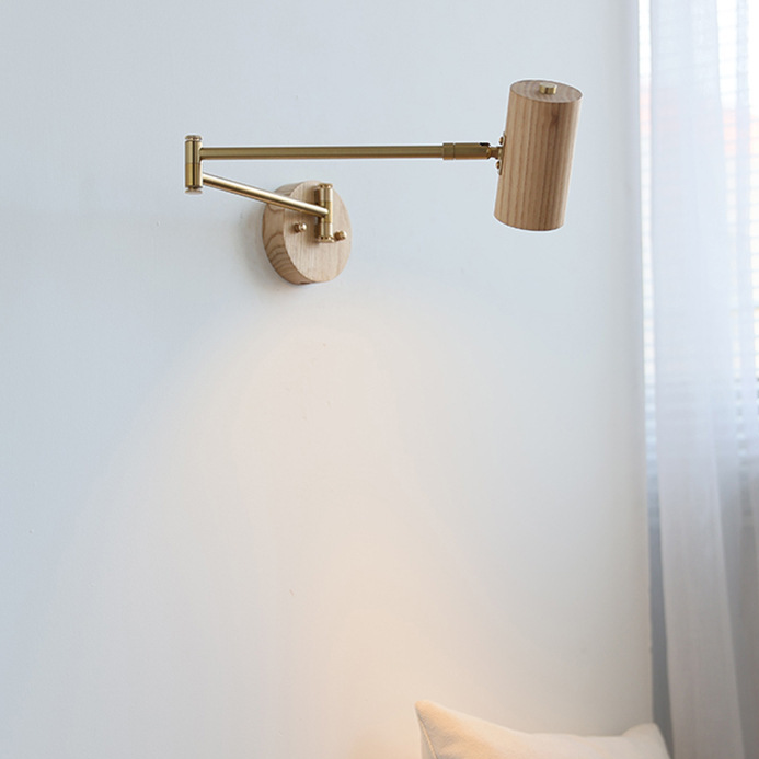 Japanese Style Swing Arm Wall Lamp with Wood Finish